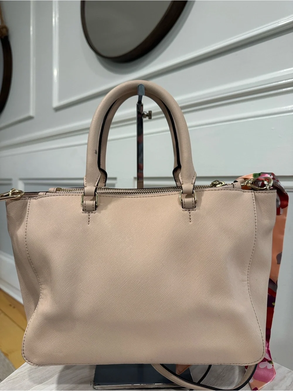 Tory Burch Bag Robinson Pink Leather Embroidered Floral Applique Satchel